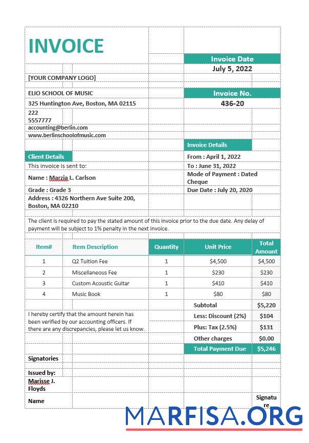 Downloadable Music School Invoice Template